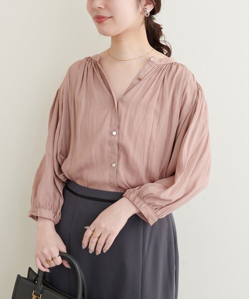 natural couture ブラウス シャツ とろみサテン7分袖ブラウス