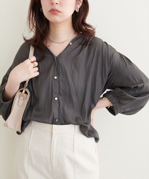 natural couture ブラウス シャツ とろみサテン7分袖ブラウス