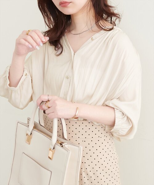 natural couture ブラウス シャツ とろみサテン7分袖ブラウス