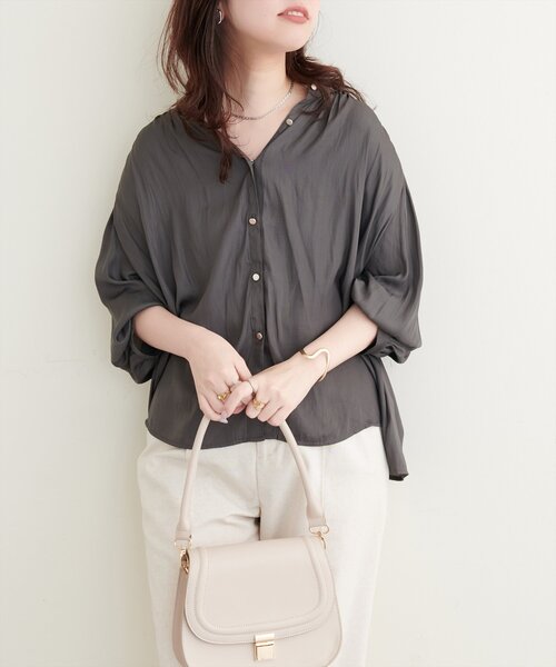 natural couture ブラウス シャツ とろみサテン7分袖ブラウス