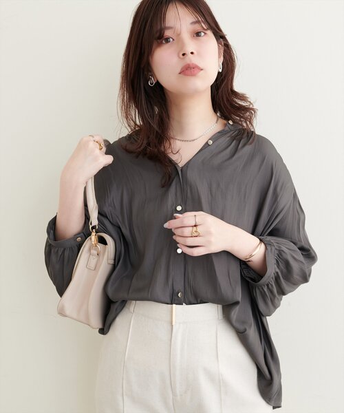 natural couture ブラウス シャツ とろみサテン7分袖ブラウス