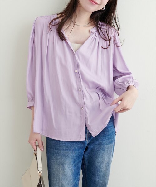 natural couture ブラウス シャツ とろみサテン7分袖ブラウス