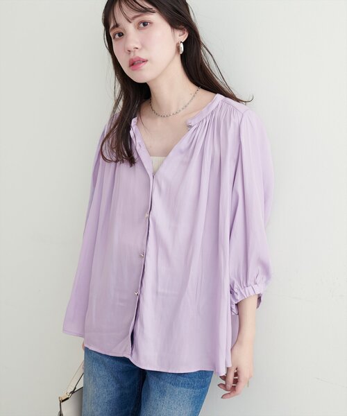 美品　ハンドメイド作家　リネン　ブラウス　紫　ピンク　長袖　七分丈 七分袖 リネン 麻 ブラウス 麻100% レディース 綿麻100% リネンシャツ