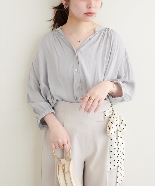 natural couture ブラウス シャツ とろみサテン7分袖ブラウス