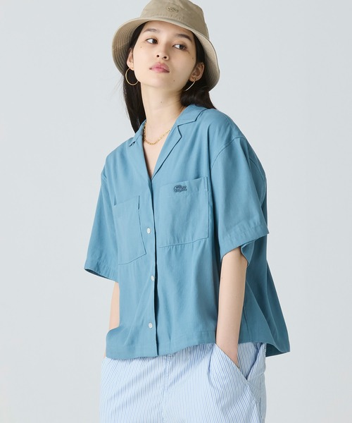 LACOSTE マオカラー リネン ブラウス シャツ レディース 白 LACOSTE ブラウス シャツ リネン×レーヨンオープンカラーシャツ