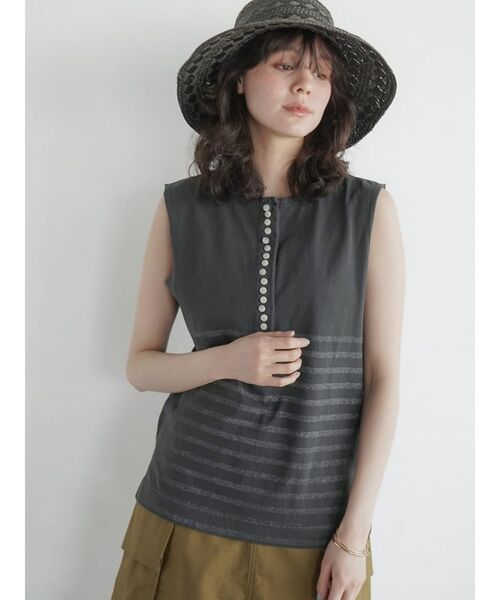 tシャツ Button detail border T-shirt レディース