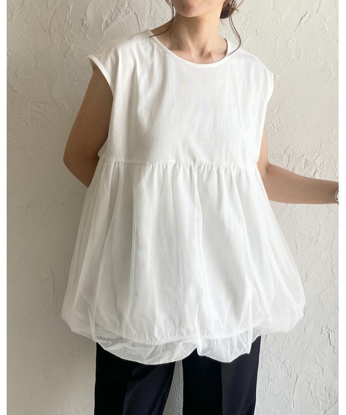 She's Closet tシャツ フレンチスリーブチュールレイヤード