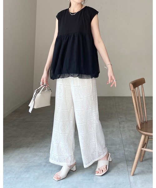 She's Closet tシャツ フレンチスリーブチュールレイヤード