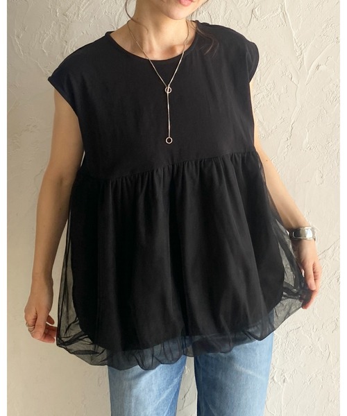 She's Closet tシャツ フレンチスリーブチュールレイヤード
