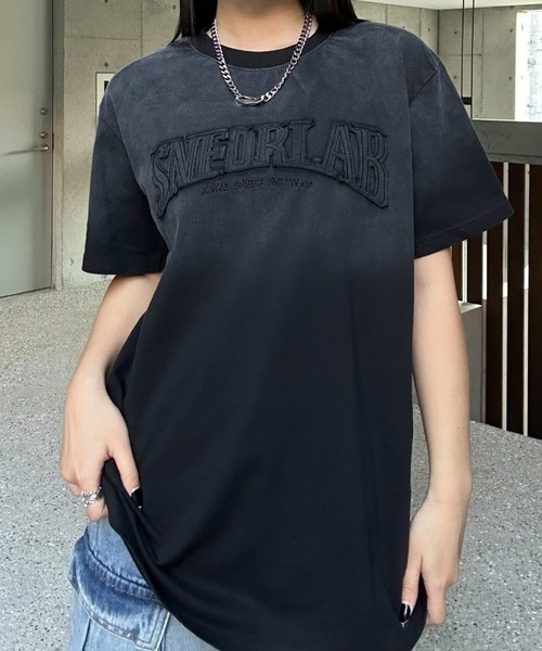tシャツ ブラックウォッシュレタリングTシャツ レディース