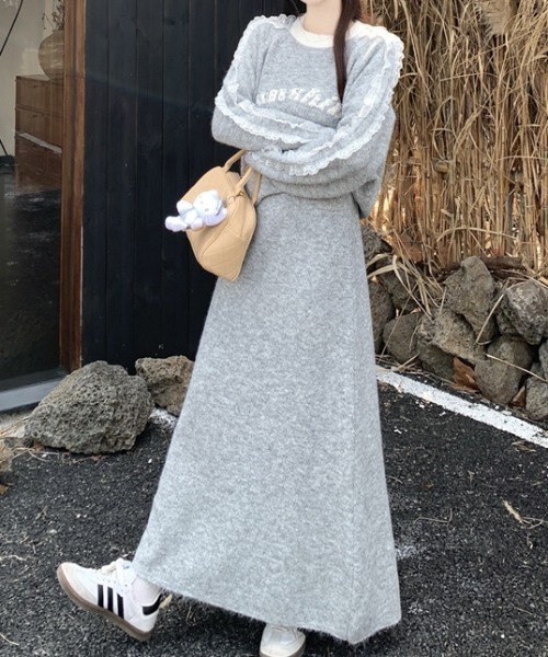 Diosfront セットアップ 袖レースドッキングロゴジャガードニット