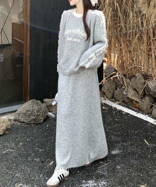 Diosfront セットアップ 袖レースドッキングロゴジャガードニット