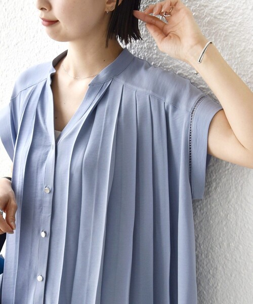 ブラウス シャツ 「WEB限定」「手洗い可能」ストレッチ ジョーゼット プリーツ スキッパー ブラウス レディースの画像