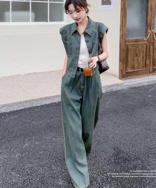 セットアップ ショート丈デニムベスト + ワイドパンツ レディース