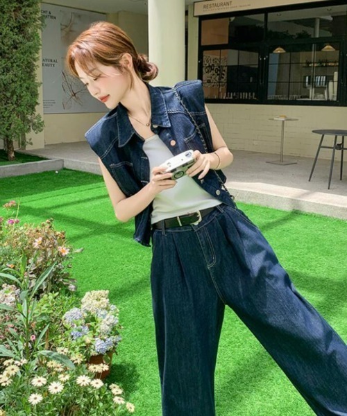 セットアップ ショート丈デニムベスト + ワイドパンツ レディース