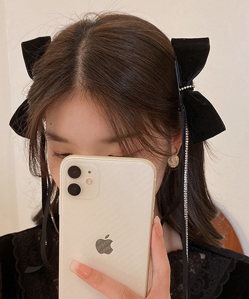 ヘアクリップ 「2個セット」サイドクリップ ベロアロングリボン