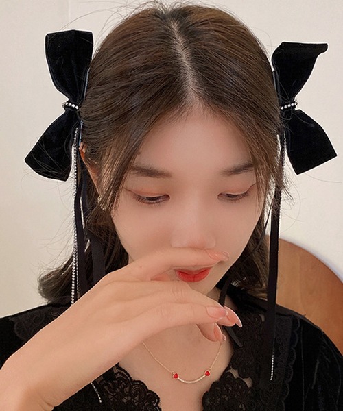 ヘアクリップ 「2個セット」サイドクリップ ベロアロングリボン