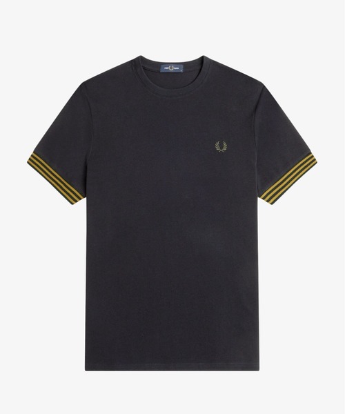 【関税込み】Fred Perry ブラック＆タン ストライプ Tシャツ FRED PERRY tシャツ Striped Cuff T-Shirt／ストライプカフT