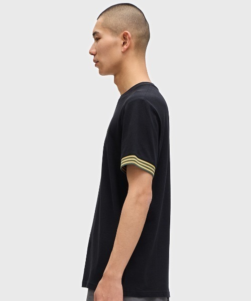 【関税込み】Fred Perry ブラック&タン ストライプ Tシャツ FRED PERRY tシャツ Striped Cuff T-Shirt/ストライプカフT