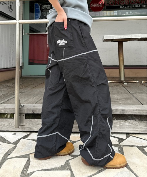 ワイドパンツ パンツ ステッチ切り替えナイロンパンツ メンズ