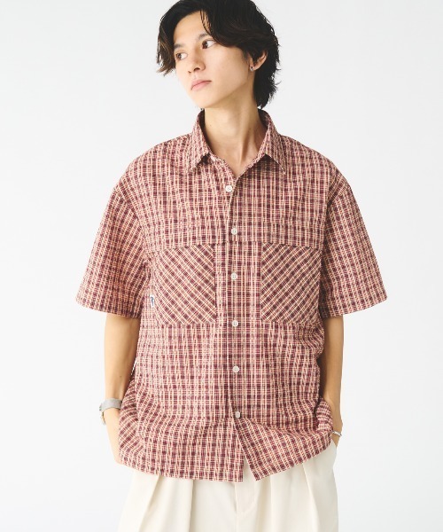 Adoon plain シャツ シアサッカーチェックシャツ メンズ