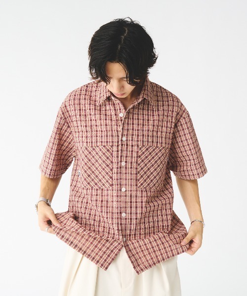 Adoon plain シャツ シアサッカーチェックシャツ メンズ