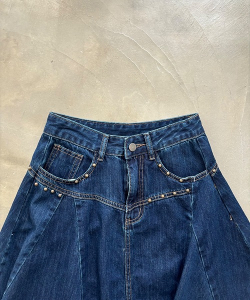 SAINT LAURENT PARIS スタースタッズデニムスカート 24 SHAGGIE デニムスカート スタッズ付きカットオフミディスカート