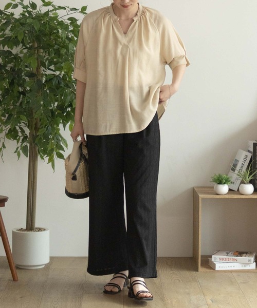NAVY ブラウス シャツ 5分袖スキッパーブラウス レディース