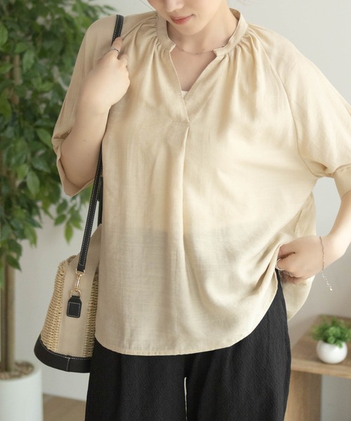 プラージュ シャツ 五分袖 スキッパー ブラウス 日本製 綿 夏服 プルオーバー NAVY ブラウス シャツ 5分袖スキッパーブラウス レディース
