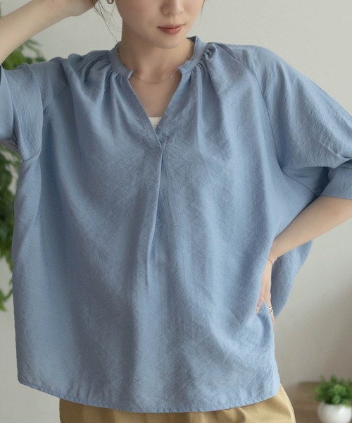 TONAL [洗える]5分袖スキッパーブラウス M ネイビー NAVY ブラウス シャツ 5分袖スキッパーブラウス レディース