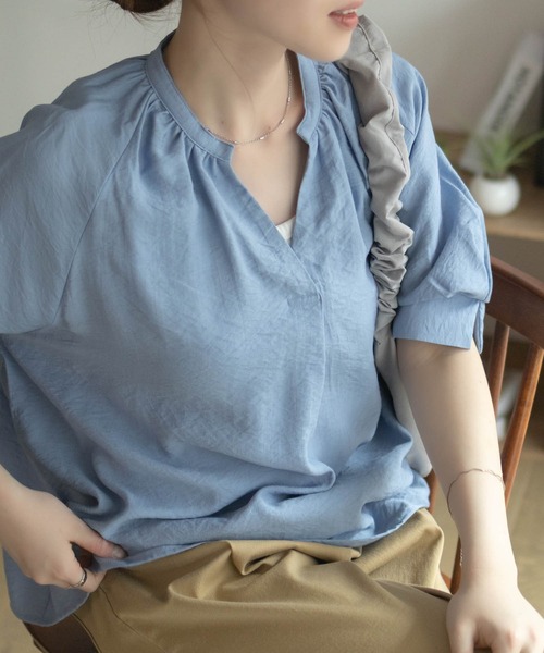 TONAL [洗える]5分袖スキッパーブラウス M ネイビー NAVY ブラウス シャツ 5分袖スキッパーブラウス レディース