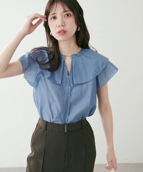 natural couture ブラウス シャツ タックフリル衿スキッパーあき