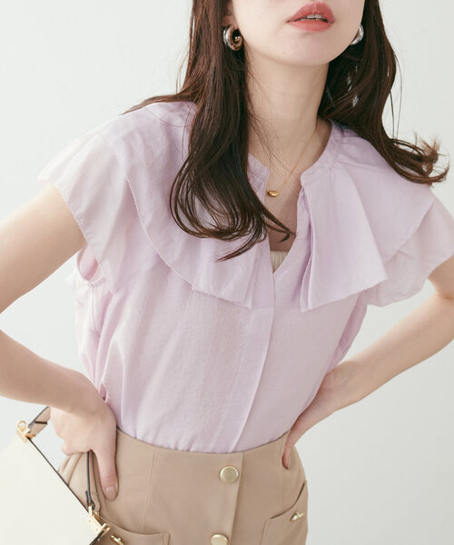 【美品】yuni ユニ リネン スキッパー 袖タックフリル ブラウス 茶 F 美品】yuni ユニ リネン スキッパー 袖タックフリル ブラウス 茶 F