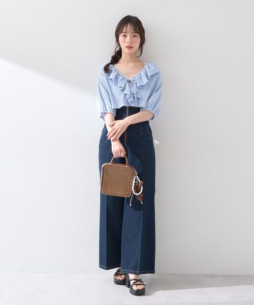 アシメウエストレースラインデニム ハイウエストGD SIDE 2ラインストレートワイドデニムパンツ[品番