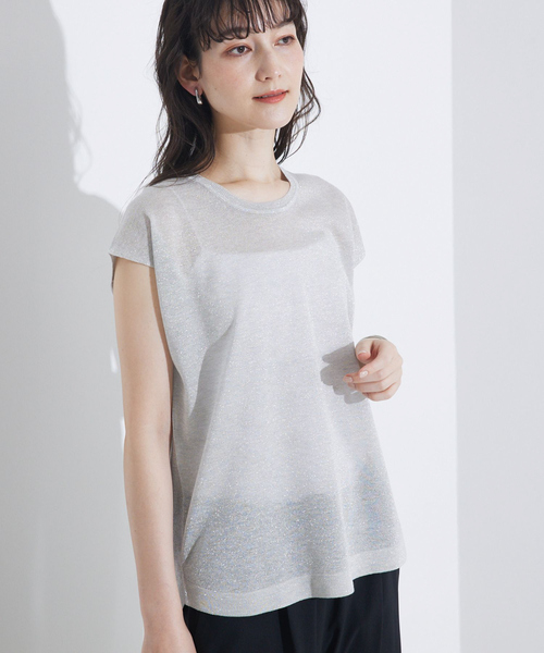 タンクトップ ノースリーブ 「上品なシアー」ラメクルーネックニット/ノースリーブニット/シアー/夏服/オフィスカジュアル/ノースリーブトップス レディ