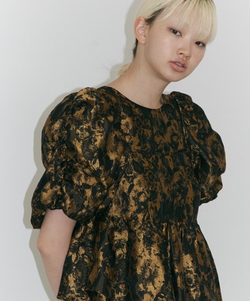 bubble sleeve jacquard dress / バブルスリーブジャガード