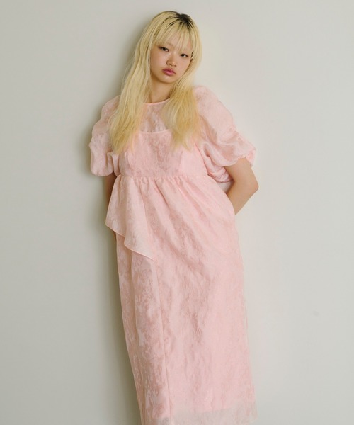 ANDRSED バブルスリーブジャガードドレス ピンク　S ANDRESD ドレス バブルスリーブジャガードドレス / bubble sleeve
