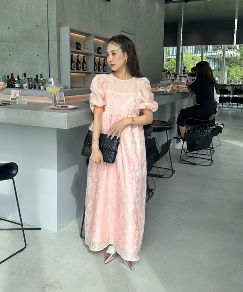 バブルスリーブジャガードドレス　ピンク　Mサイズ ANDRESD ドレス バブルスリーブジャガードドレス / bubble sleeve