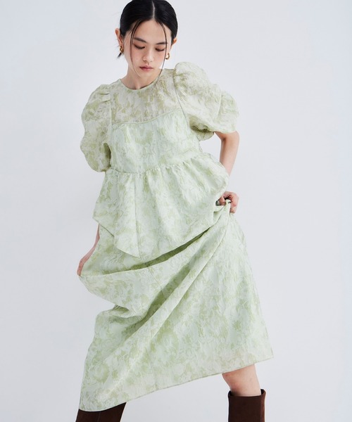 パーティードレス ドレス バブルスリーブジャガードドレス / bubble sleeve jacquard dressの画像