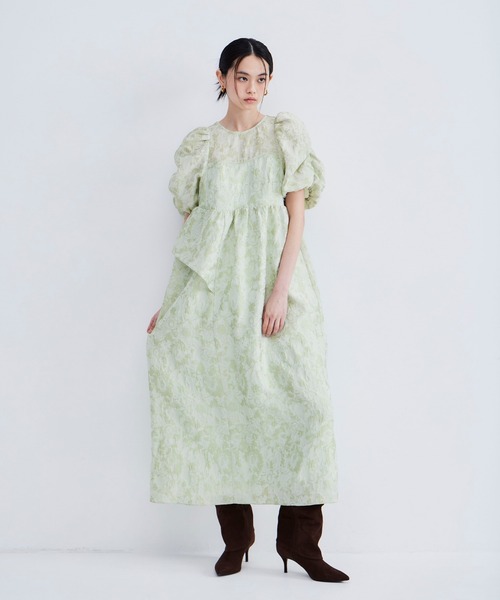 パーティードレス ドレス バブルスリーブジャガードドレス / bubble sleeve jacquard dressの画像