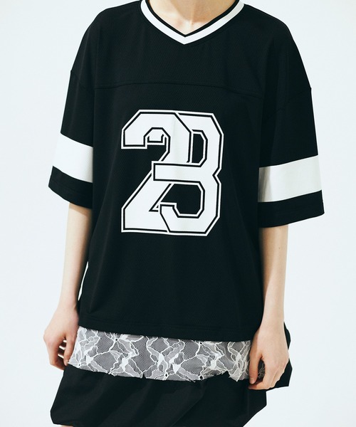 tシャツ 「Nora Lily」「elle」Hug Number 23 Mesh Tule Layer Tee レディース Nora Lily】「elle」Hug Number 23 Mesh Tule Layer Tee-Pink
