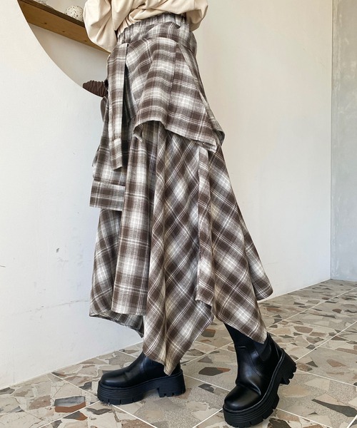sacai チェックラップロングスカート moment+ ロング スカート ラップ風ランダムヘムチェックスカート