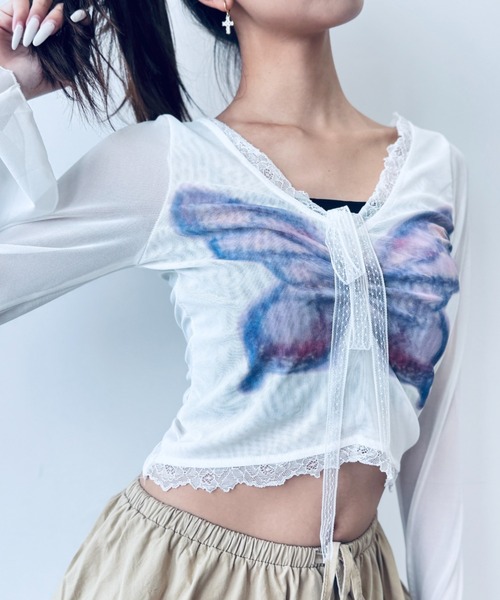 Y2K SYNAPSE FACTORY tシャツ 「Butterfly」シアーレーストップス