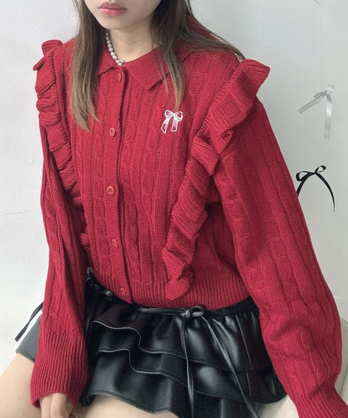 RED VALENTINO フリル レース ケーブル カーディガン ニット AS KNOW AS（アズノゥアズ） カーディガンワンポイント刺繍 フリル