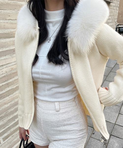 ReRe ニット セーター ファー付きフードジップアップニットトップス