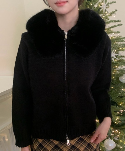 ReRe ニット セーター ファー付きフードジップアップニットトップス