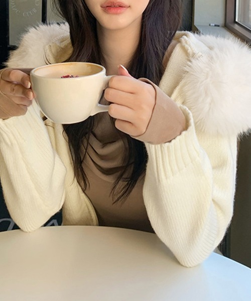 ReRe ニット セーター ファー付きフードジップアップニットトップス