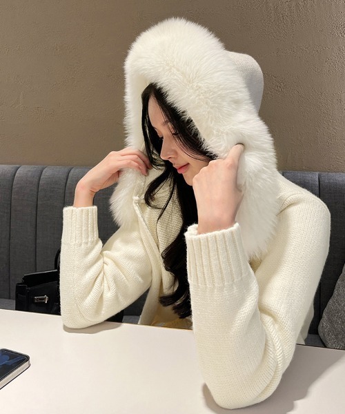 ホワイト フード付き セーター ReRe ニット セーター ファー付きフードジップアップニットトップス