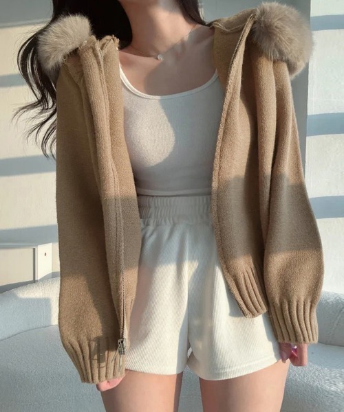 ReRe ニット セーター ファー付きフードジップアップニットトップス