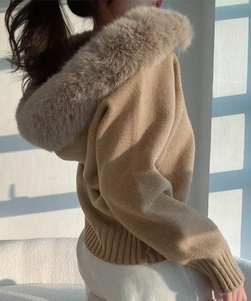 ReRe ニット セーター ファー付きフードジップアップニットトップス